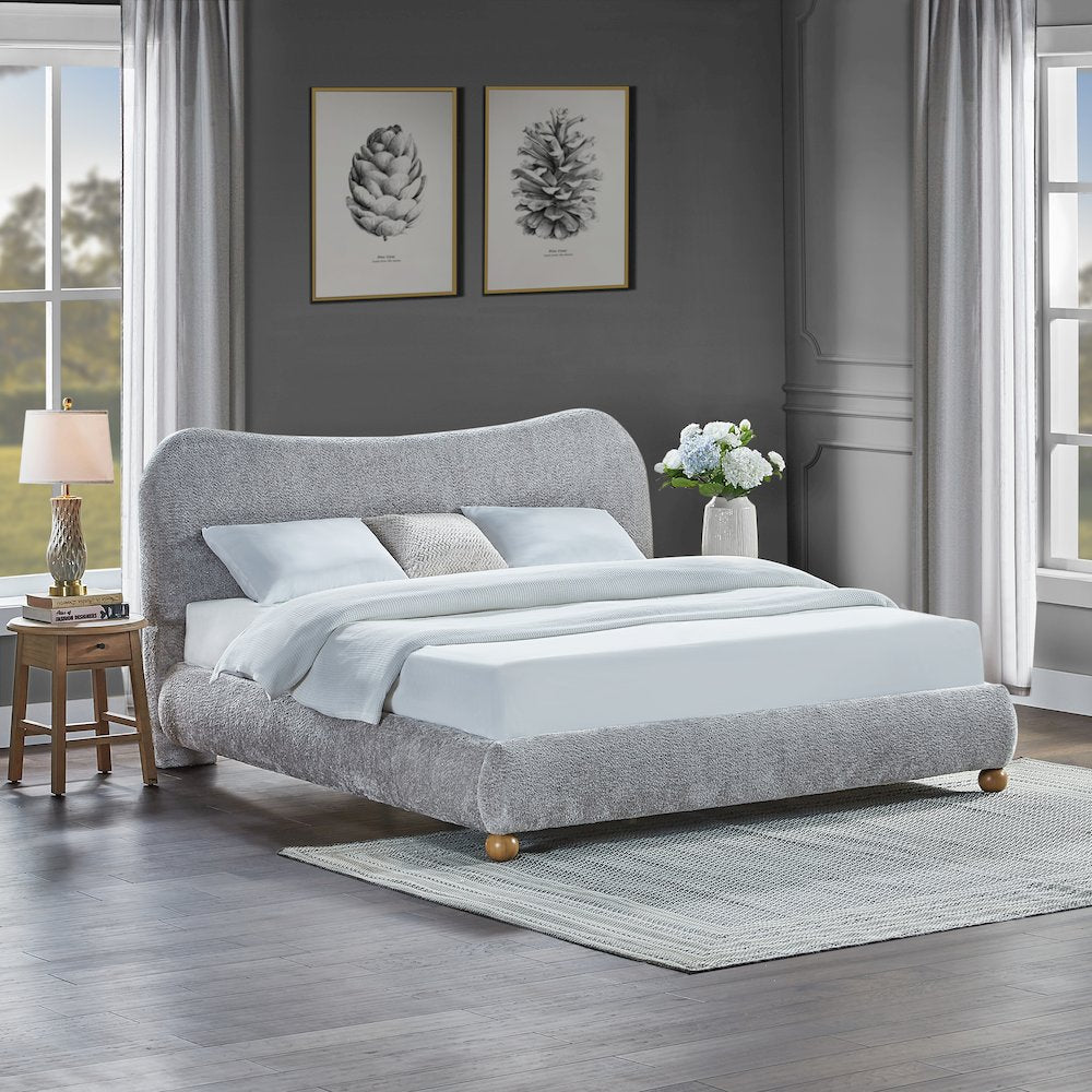 Lunara Gray Upholstered Platform Bed with Bun Feet, King