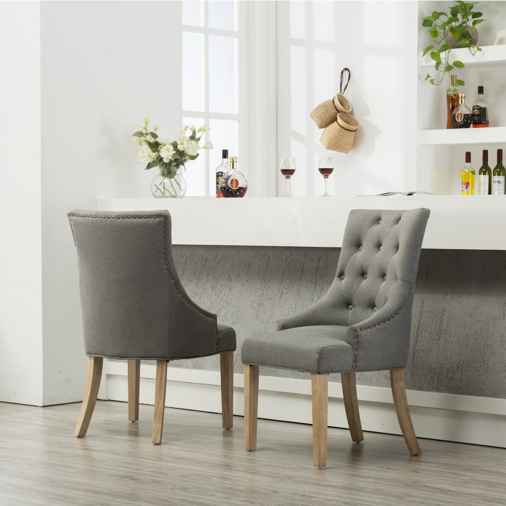 Luna Gray Button Tufted Solid Wood Wingback Chairs with Nail Heads Set of 2