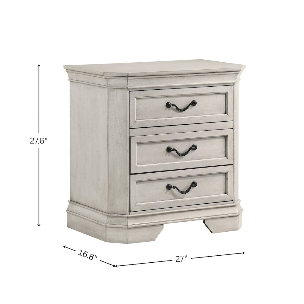 Maderne Wood 3-Drawer Nightstand, Antique White Finish