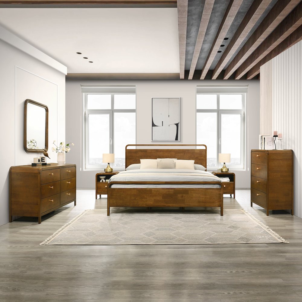 Eldren Wood Bedroom Set, King Platform Bed Dresser, Mirror Two Nightstands,Chest