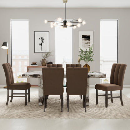 Cavira 7-PC Modern Faux Marble Dining Set, Double Pedestal Table with 6 Chairs