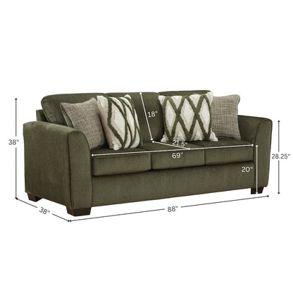 Marvella Living Room Sofa with Mosswood Chenille Upholstery, Accent Pillows