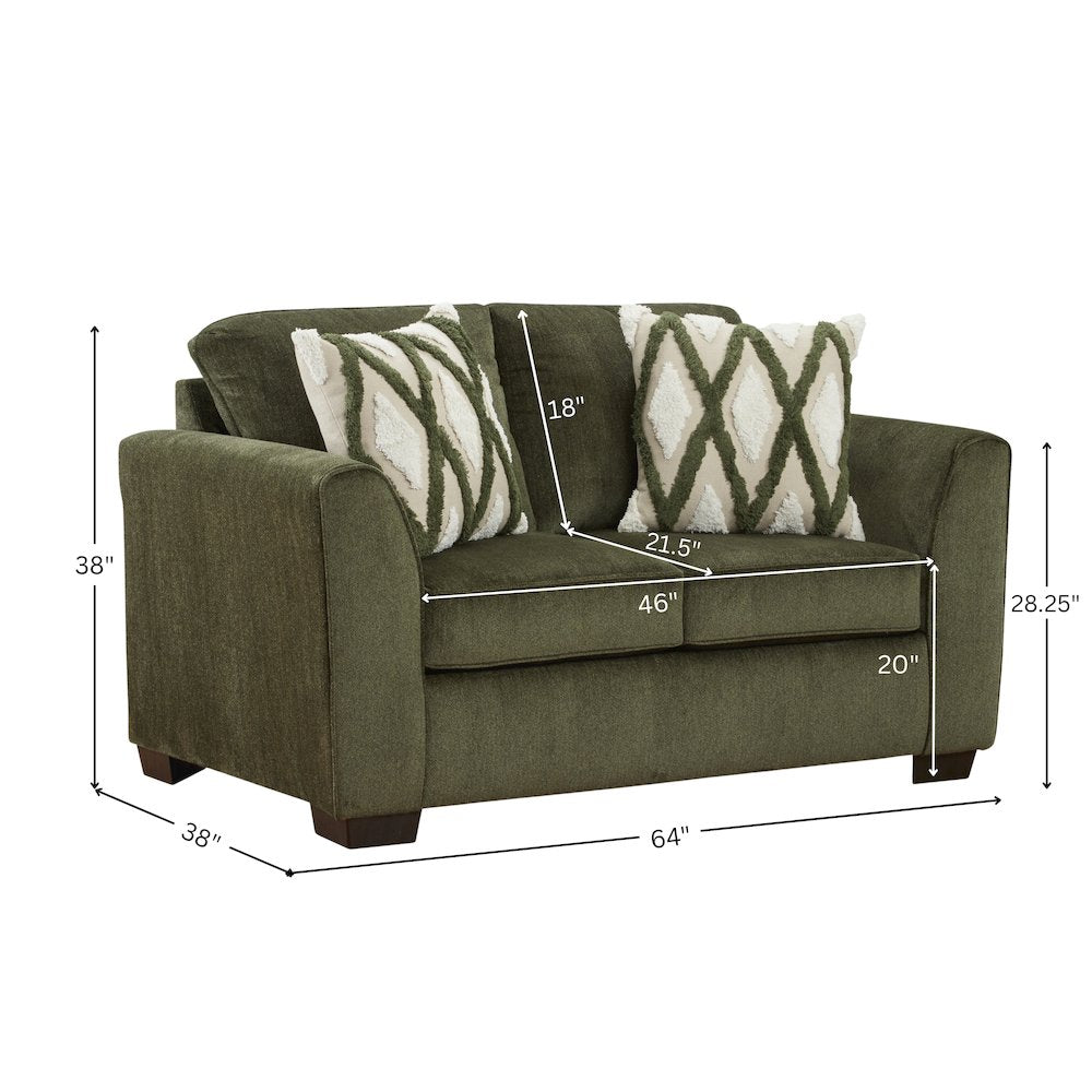 Marvella Living Room Loveseat with Mosswood Chenille Upholstery, Accent Pillows
