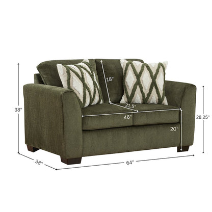 Marvella Living Room Loveseat with Mosswood Chenille Upholstery, Accent Pillows