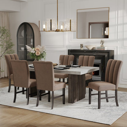 Sorlen 7-Piece Dining Set, 3D Faux Concrete Table with 6 Chocolate Fabric Chairs