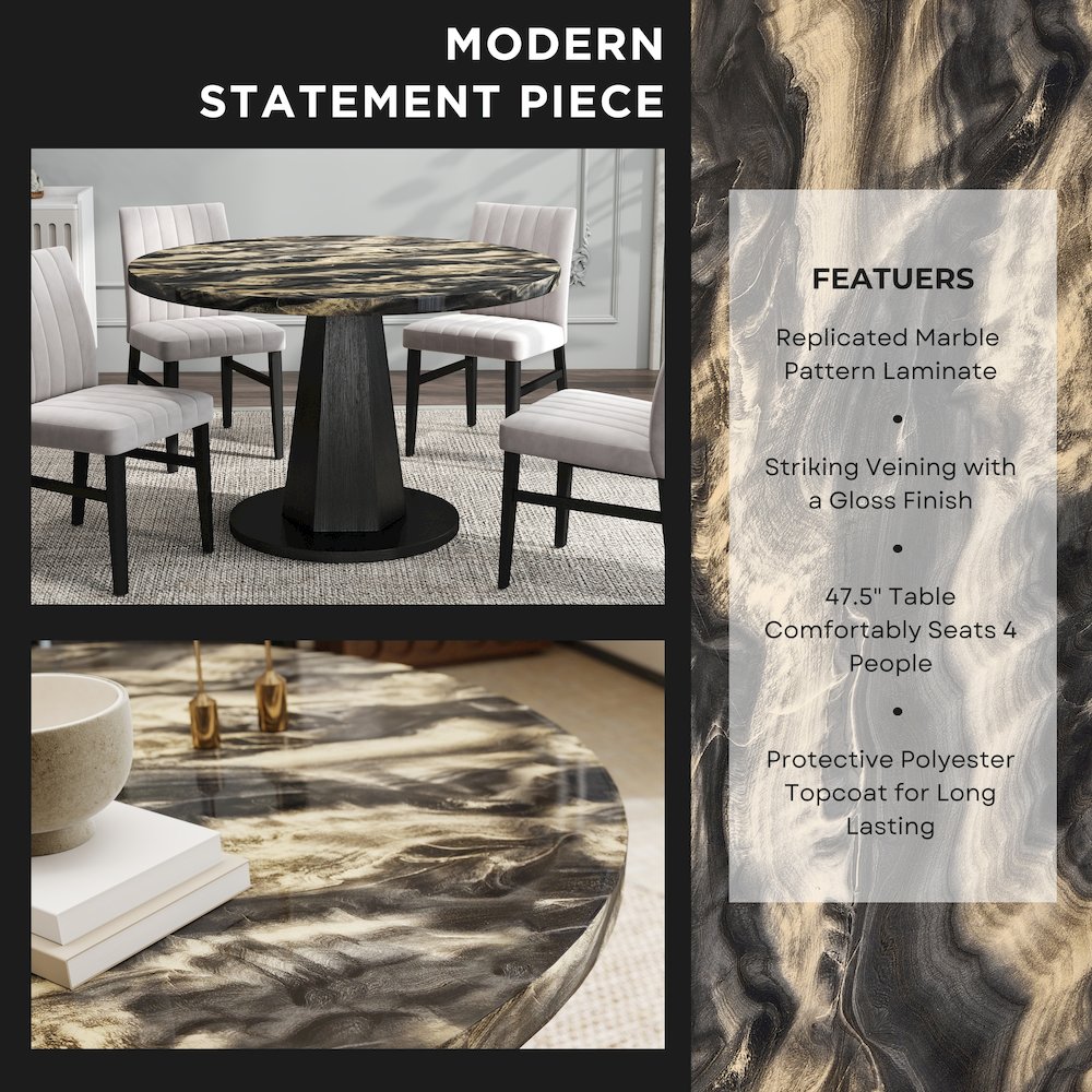 5-Piece Dining Set, Black and Gold Faux Marble Dining Table Four Chairs, Tan