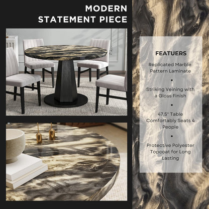 5-Piece Dining Set, Black and Gold Faux Marble Dining Table Four Chairs, Tan