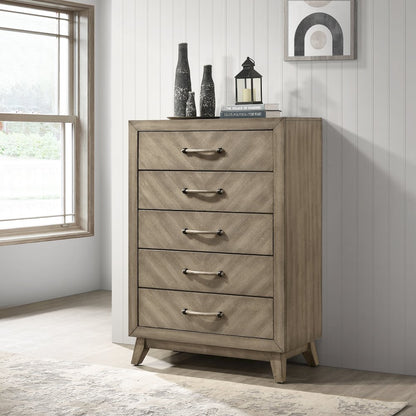Bedroom Set: Queen Bed, Dresser, Mirror, 2 Nightstands, Chest in Weathered Sand