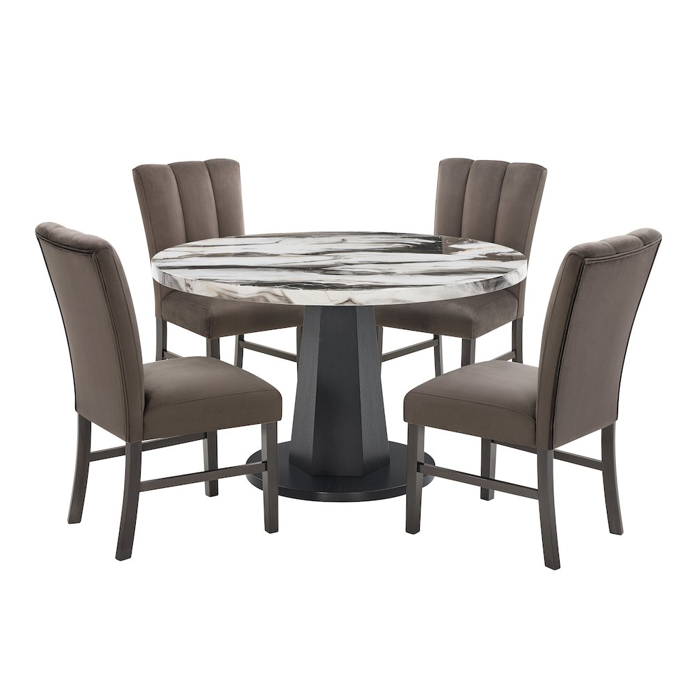 Cavira 5-PC Dining Set, Off-White Faux Marble Table with Four Brown Chairs