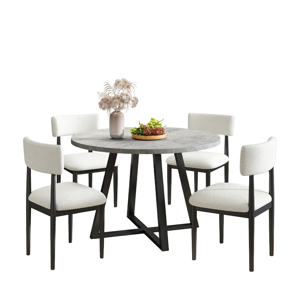 Edo 5-Piece Dining Set, Round Trestle Table and 4 Chairs, Gray and Black