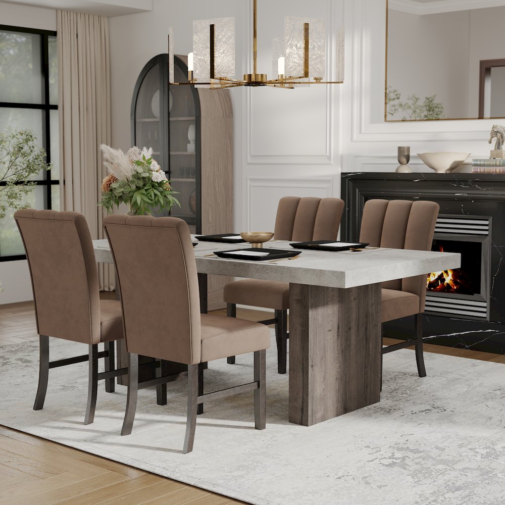 Sorlen 5-Piece Dining Set, 3D Faux Concrete Table with 4 Chocolate Fabric Chairs
