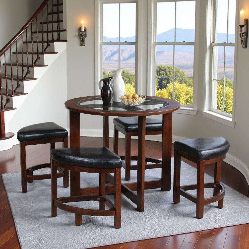 Brown Round Dining Table Set for 4, 5-Piece Dining Set with Upholstered Seats