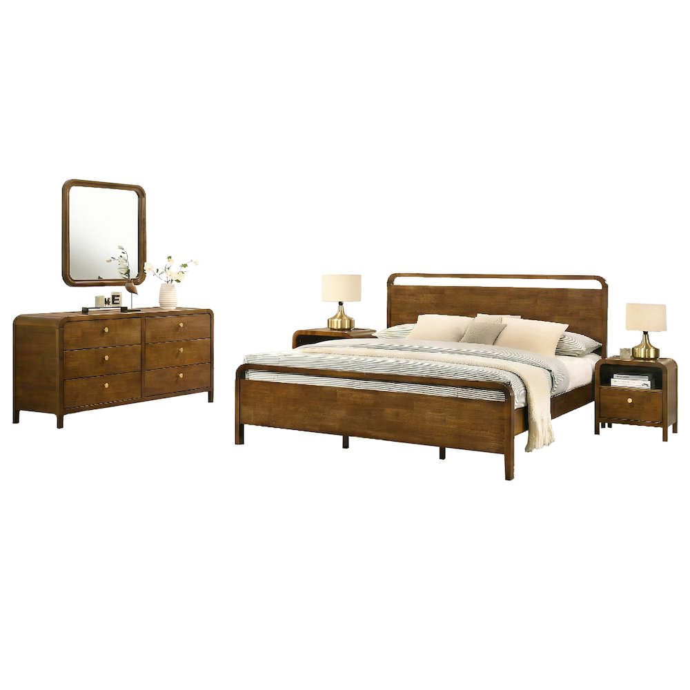 Eldren Wood Bedroom Set, King Platform Bed with Dresser, Mirror,Two Nightstands