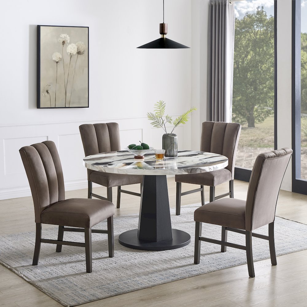 Cavira 5-PC Dining Set, Off-White Faux Marble Table with Four Brown Chairs