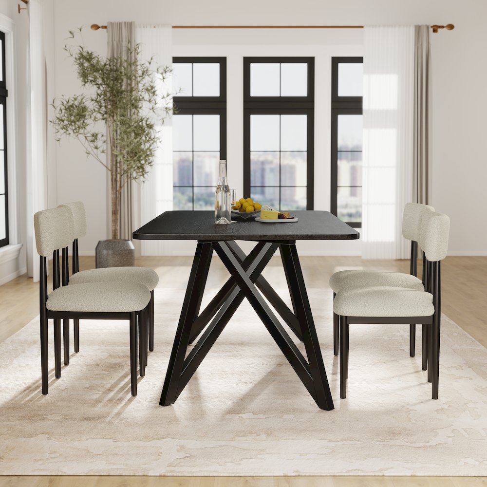 Axler 5-Piece Dining Set, Tripod-Cross Dining Table with 4 Boucle Chairs, Black