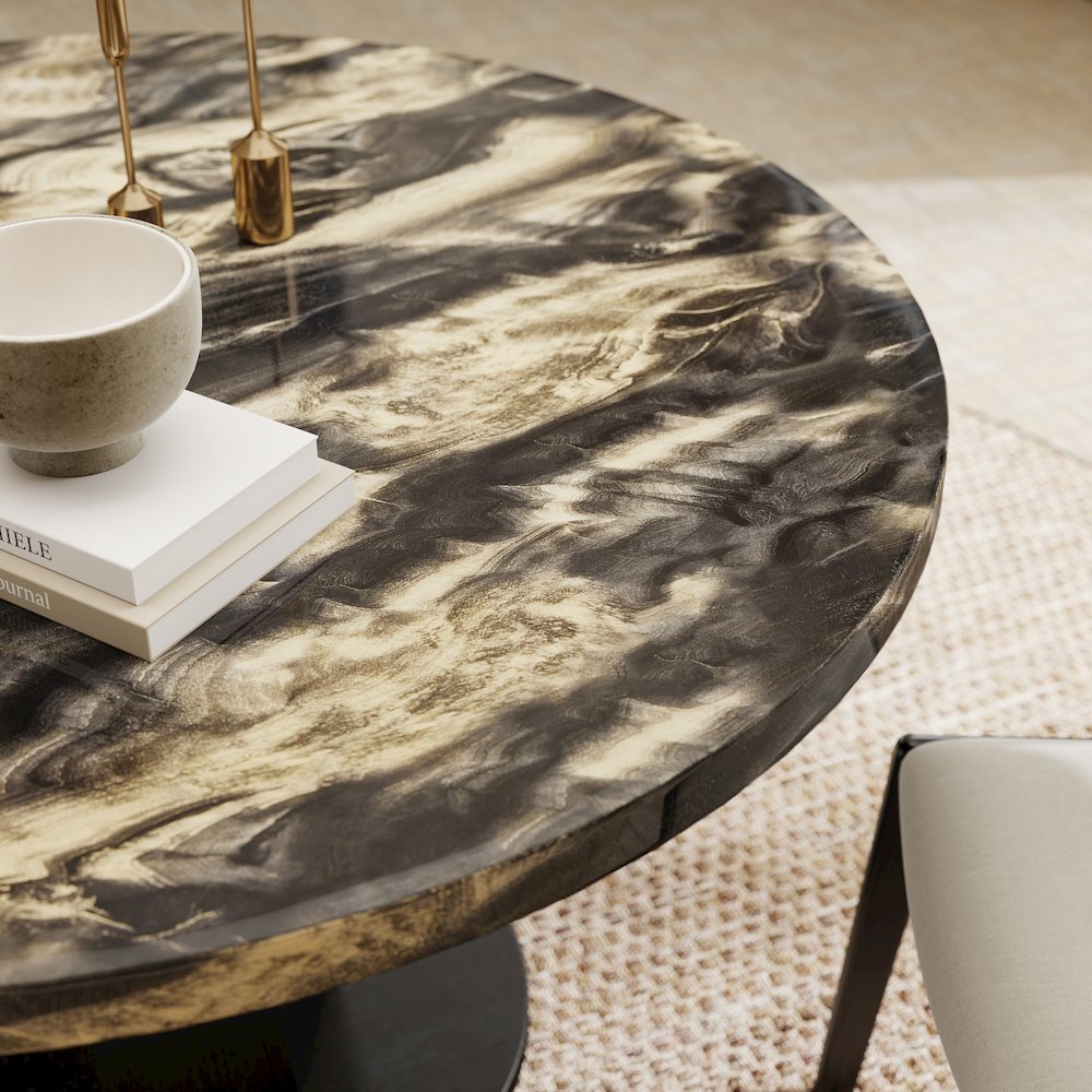 Cavira Modern Faux Marble Dining Table with Wood Pedestal Base, Black and Gold
