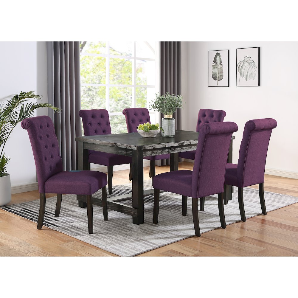 Leviton Antique Black Finished Wood Dining Set, Table with Six Chair, Purple