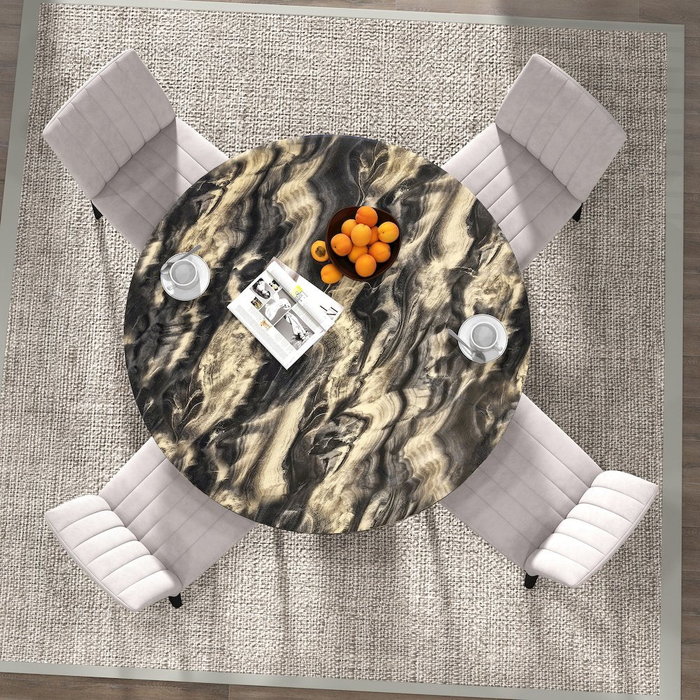 5-Piece Dining Set, Black and Gold Faux Marble Dining Table Four Chairs, Tan