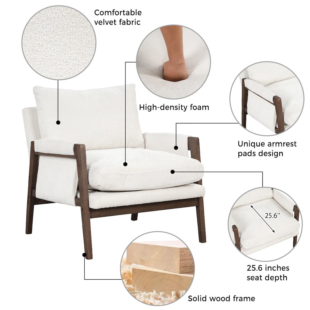Kelly Mid-Century Modern Velvet Accent Armchair, White