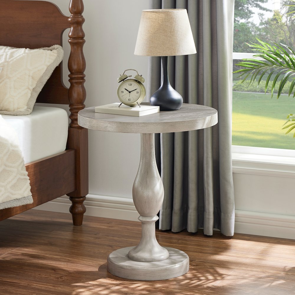 Solmere 22" Round Wood Pedestal End Table, Gray