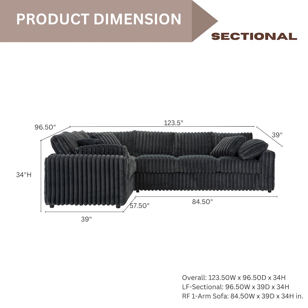 Belvoir 2-PC Living Room Set, L-shape Sectional and Accent Ottoman, Charcoal
