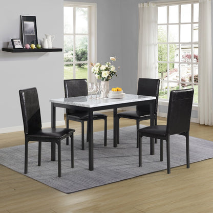 Citico 5-Pc Dinette Set with Faux Marble Top, White Table with Black Chairs