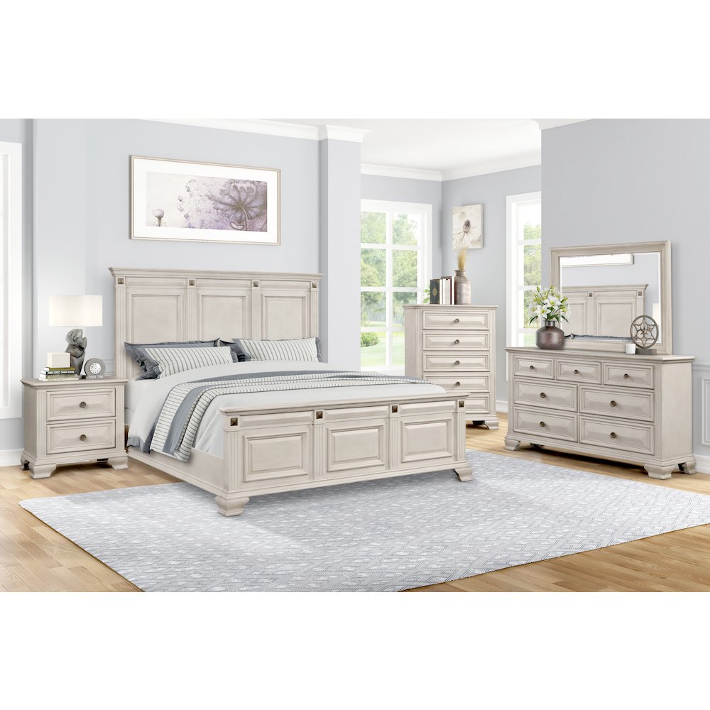 Parchment Wood Bedroom Set, King Bed, Dresser, Mirror, 2 Nightstands, Chest