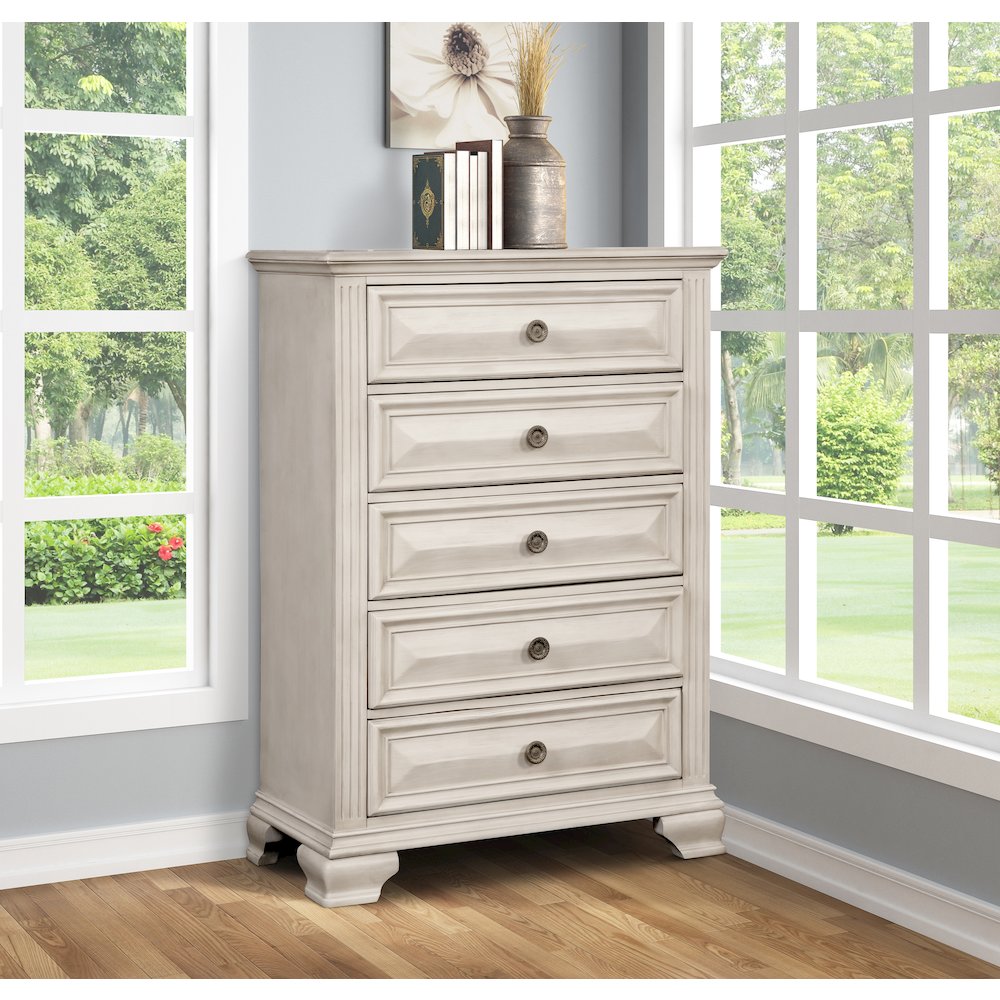 Parchment Wood Bedroom Set, Queen Bed, Dresser, Mirror, 2 Nightstands, Chest