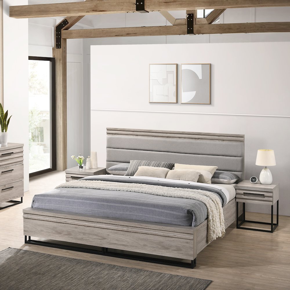 3-Piece Wood Bedroom Set, Queen Panel Bed and Two Nightstands, Weathered Gray