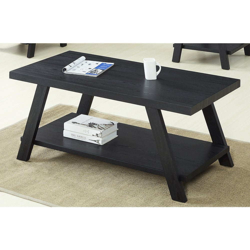 Athens Contemporary Replicated Wood Shelf Coffee Table in Black Finish