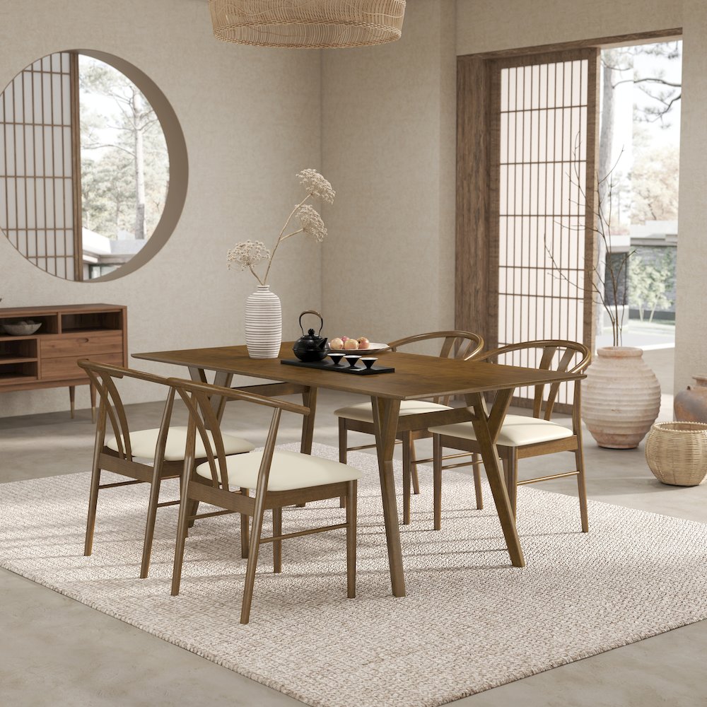 5-Piece Dining Set, Walnut Finished Dining Table with 4 Brown Wishbone Chairs