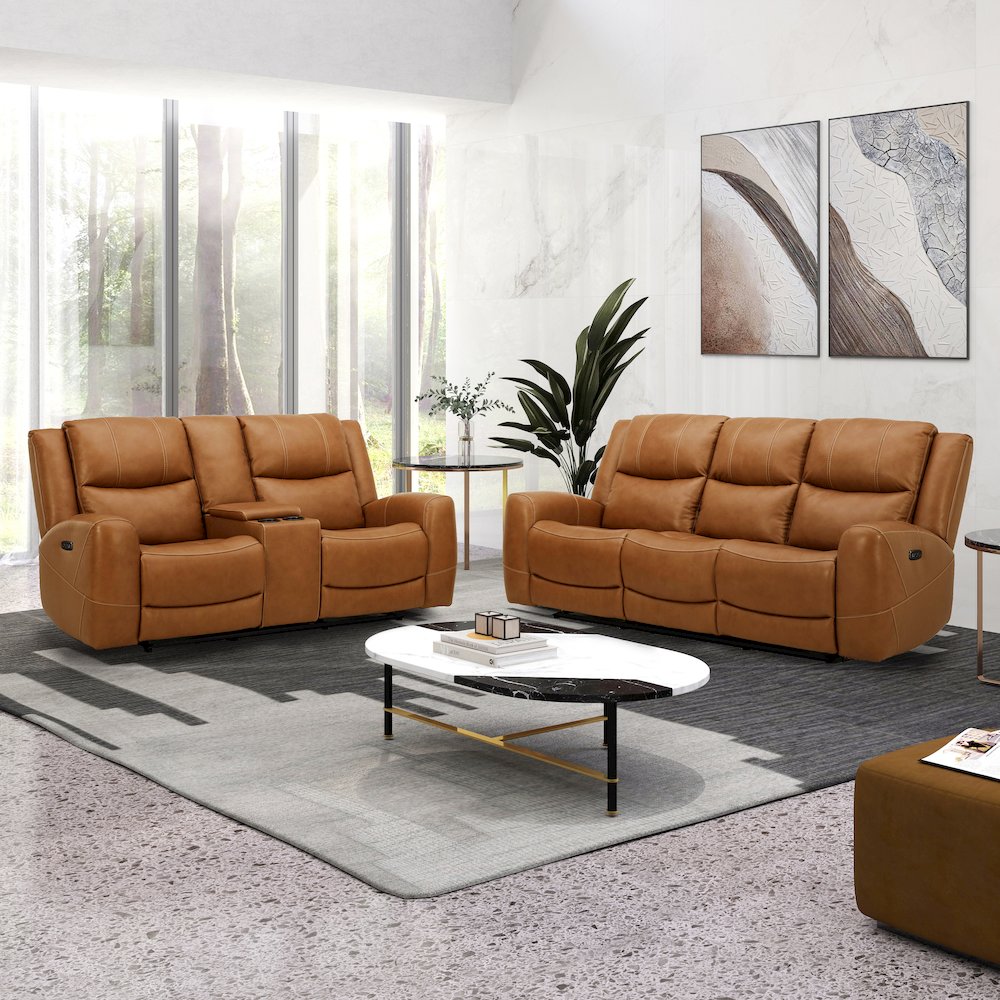 Cozura Leather Power Recling Sofa and Loveseat, Silverado Butternut