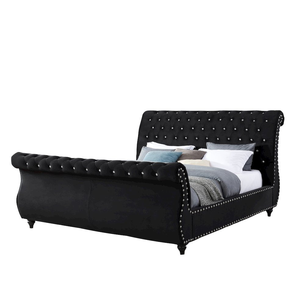 Evora Black Velvet Upholstered Crystal Button Tufted Sleigh Bed, King