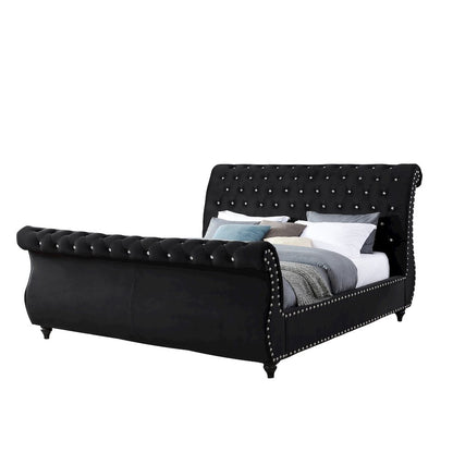 Evora Black Velvet Upholstered Crystal Button Tufted Sleigh Bed, King