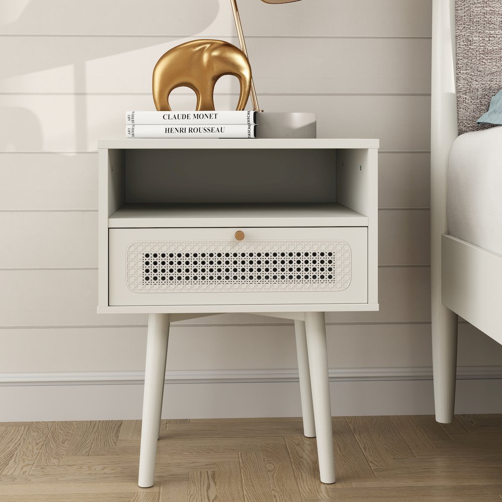 Feeney Dual-tier Storage Nightstand, Side Table, Cream White