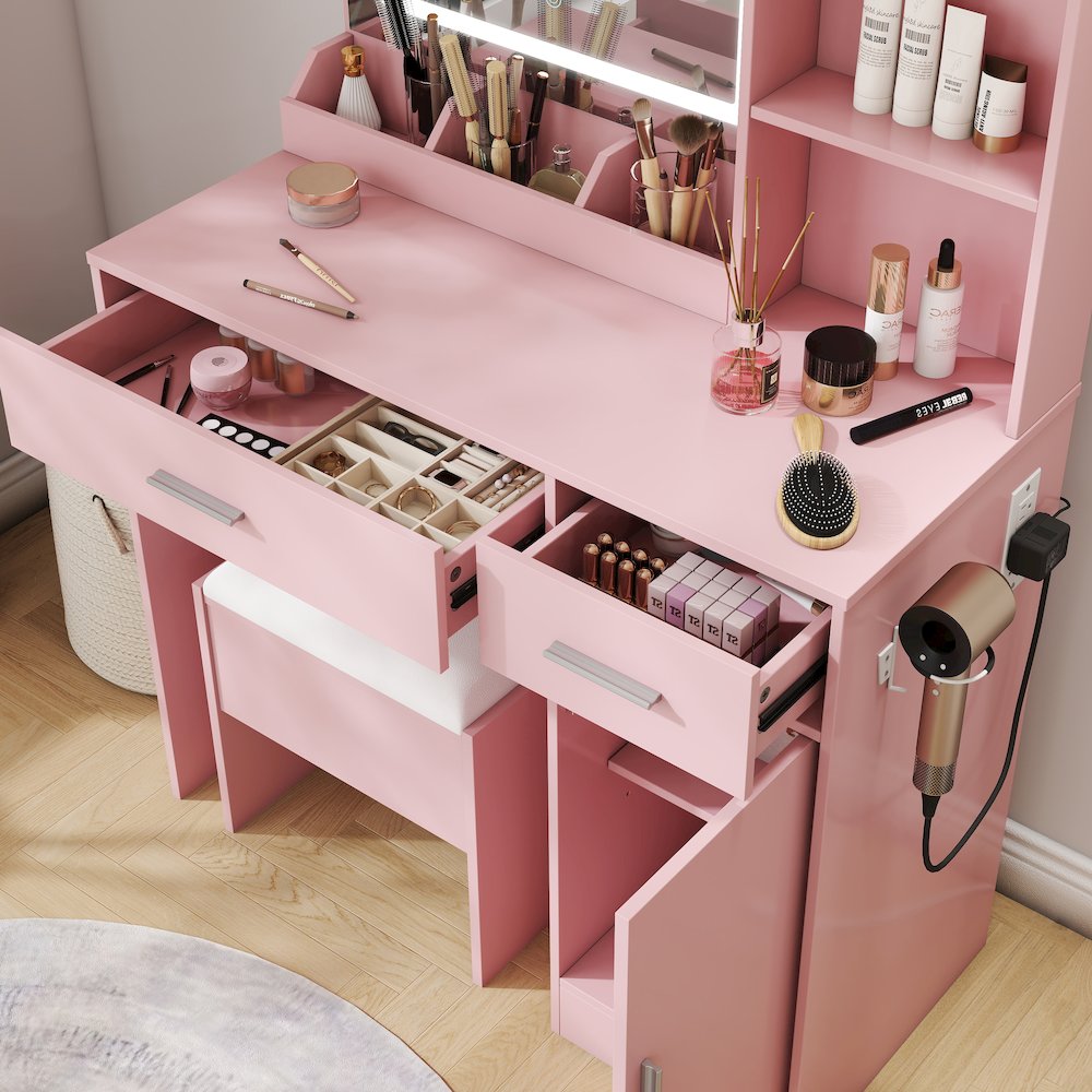 Makeup Vanity Set, Vanity Desk, Stool, LED Light Mirror, Pink