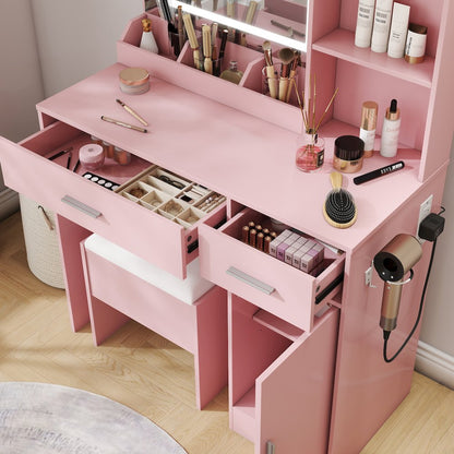Makeup Vanity Set, Vanity Desk, Stool, LED Light Mirror, Pink