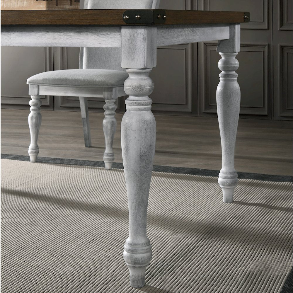 6 Piece Dining Table Set, 4 Upholstered Chairs, 1 Bench, Rustic White and Oak