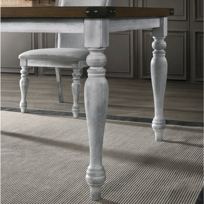 6 Piece Dining Table Set, 4 Upholstered Chairs, 1 Bench, Rustic White and Oak
