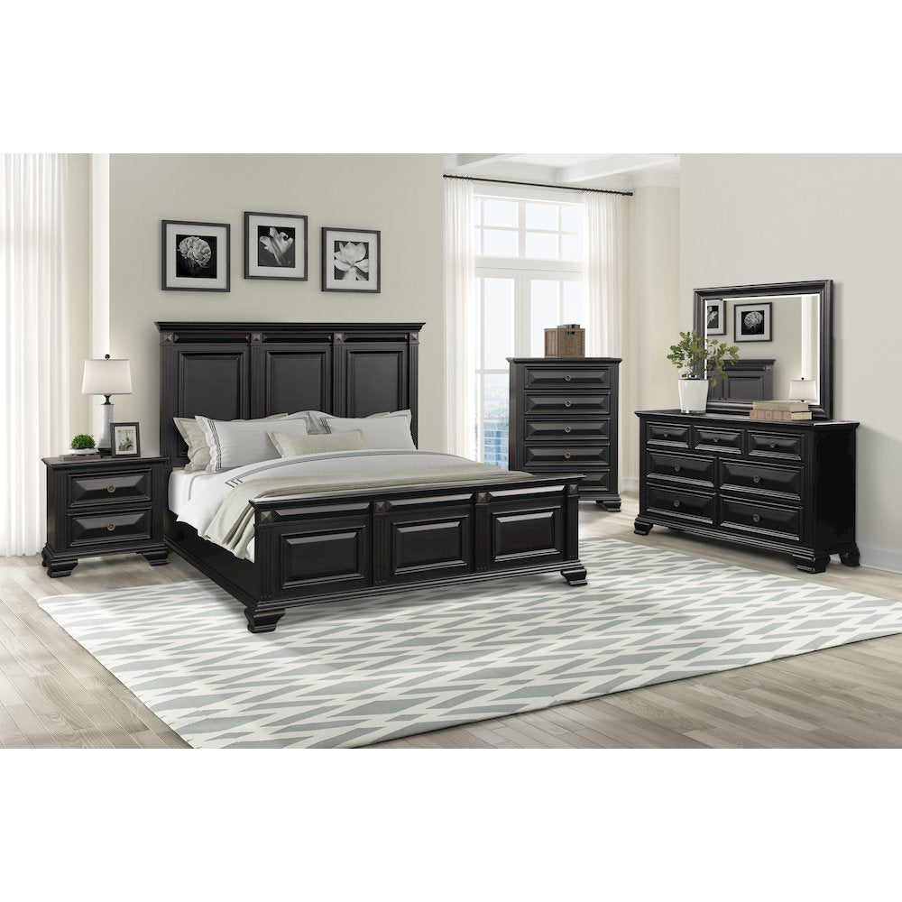 Vintage Black Wood Bedroom Set, King Bed, Dresser, Mirror, Nightstand, Chest