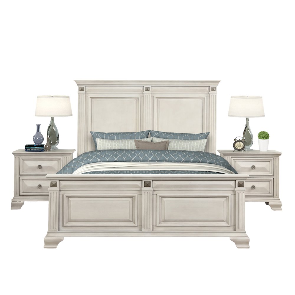 Renova 3-Piece Distressed Parchment Bedroom Set, Queen Bed with 2 Nightstands