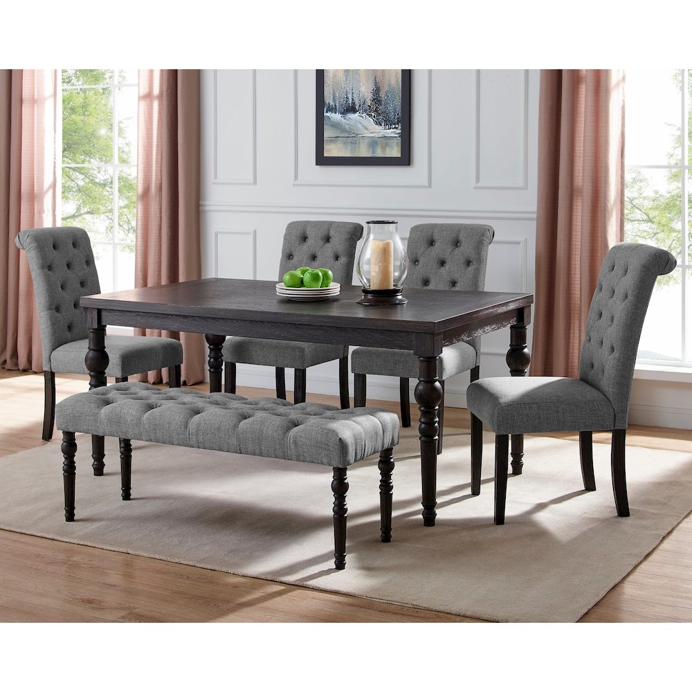 Leviton Urban Style Dark Wash Wood Dining Set: Table, 4 Chairs and Bench, Gray