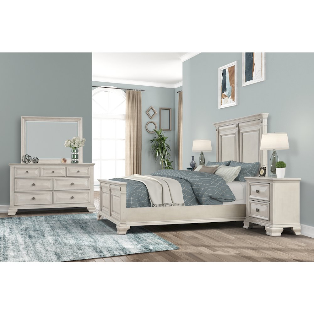 Distressed Parchment Wood Bedroom Set, Queen Bed, Dresser, Mirror, Nightstand
