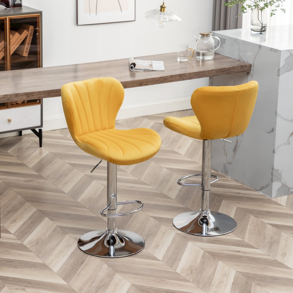 Ellston Upholstered Adjustable Swivel Barstools in Yellow, Set of 2