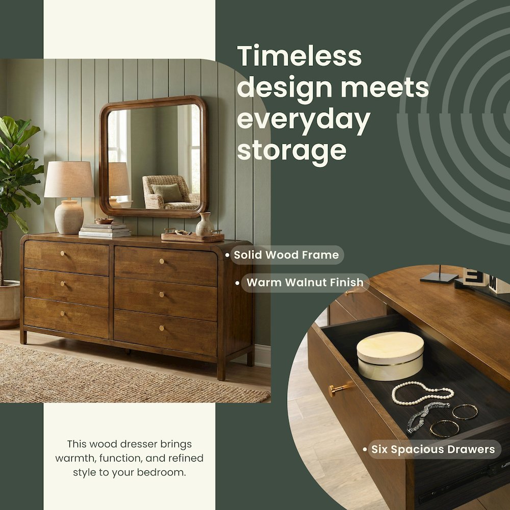 Eldren 6-Drawer Wood Dresser with Mirror, Walnut Finish