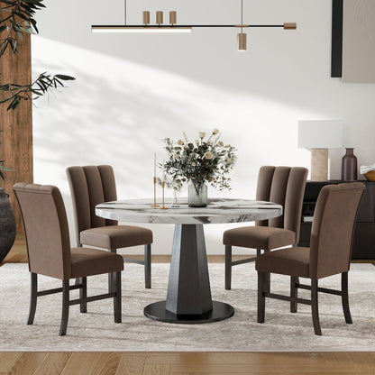 Cavira 5-PC Dining Set, Off-White Faux Marble Table with Four Brown Chairs