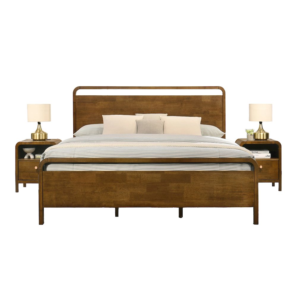 Eldren Wood Bedroom Set, Queen Platform Bed with Two Nightstands Walnut Finish
