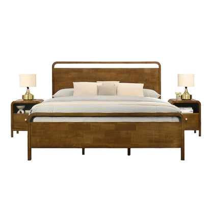 Eldren Wood Bedroom Set, Queen Platform Bed with Two Nightstands Walnut Finish