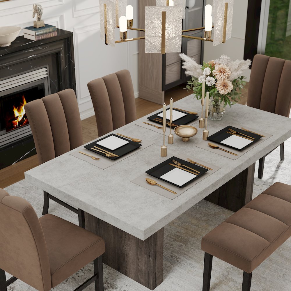 Sorlen 6-PC Dining Set, 3D Faux Concrete Table with 4 Chocolate Chairs and Bench