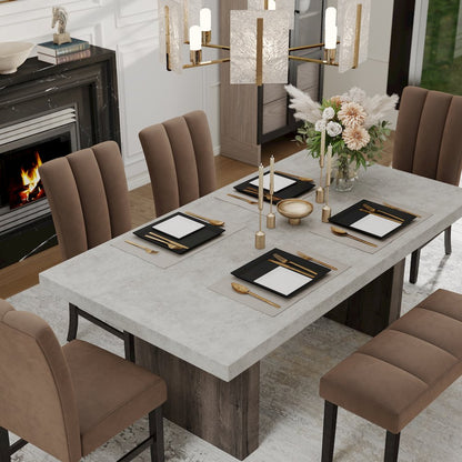 Sorlen 6-PC Dining Set, 3D Faux Concrete Table with 4 Chocolate Chairs and Bench